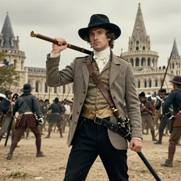 fashion editorial in french revolution storming of the Bastille. hyperrealistic. detailed. depth of field. high definition. 8k. depth of field. photography.