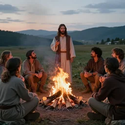 jesus talking with 6 people around a campfire, realistic