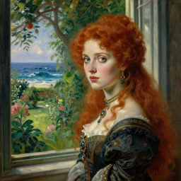 intriguing oil painting in the rembrandt style of a mysterious, intelligent redhead with blue - green eyes wearing an elegant dress and precious jewelry gazing out a window with a view of a lush, resplendent garden and a turbulent ocean in the background.