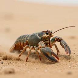 action photography, viewed from far away, award winning macro photo of a tiny ultra detailed muddy lobster running fast in desert sand, dirt and dust, fast shutter speed, motion blur, tiny gaussian blur, highly detailed, highly intricate, depth of field, national geographic