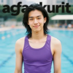 softblur portrait of a highschool senior with middle long black hair, shaven face, silver earring, violet tight tanktop, he is smirking into the camera for a cover of a gay print magazine, agfa akurit, street photography, lomography, after swimming, blurred