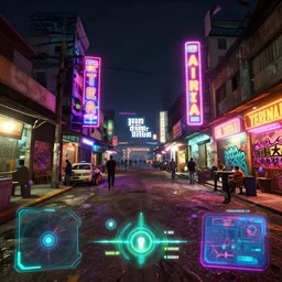 night time scene in la terminal urban market in guatemala at with bright colorful neon advertising and graffiti all over the place with cyberpunk aesthetic and visually like gta v with neon hud with game of the year edition graphics with bloom and lightshaft, with first person view perspective and detailed worldbuilding