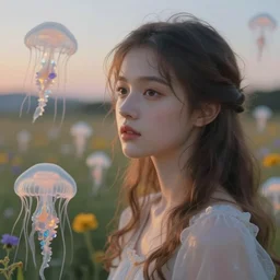 neoclassicist renaissance close - up portrait, a girl in a in field of flowers, translucent jellyfish flying around, surreal photography, sunrise, impressionist painting, artstation, simon stalenhag
