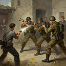 combine soldiers hitting a civilian with a stunstick, highly detailed, centered, digital painting, artstation, concept art, donato giancola, Joseph Christian Leyendecker, WLOP, Boris Vallejo, Breathtaking