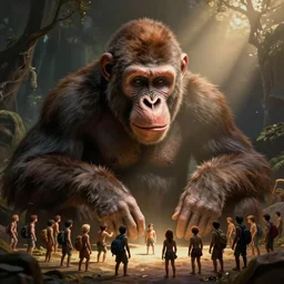 Dozens of tiny people worshipping a giant ape