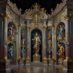 baroque neoclassicist renaissance halls of creation decorated with sci - fi colorful chrome textures. reflective detailed textures. gloomy black background. highly detailed fantasy science fiction painting by james mccarthy, moebius, norman rockwell, frank frazetta, and syd mead. rich colors, high contrast. artstation