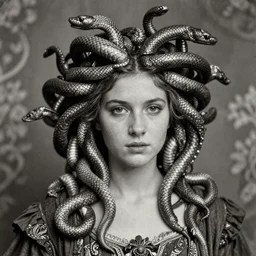 a victorian age realistic photo of a girl like Medusa with  intricate ornament snakes like hair, dagherrotype, wallpaper, hyper realistic, hyper detailed