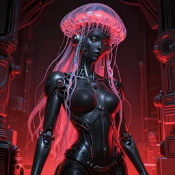 portrait of an absurdly beautiful, graceful, sophisticated, fashionable asian cyberpunk mechanoid gravure idol, hyperdetailed illustration by irakli nadar, adut akech, matt wisniewski style, intricate linework, dark black porcelain skin, jellyfish headdress, unreal engine 5 highly rendered, global illumination, neon red light, detailed and intricate environment