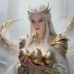 fanart, a valyrian princess with violet eyes and platinum hair, clutching dragon eggs, divine, hazy, volumetric lighting, spacetime bending, very detailed, serene, gold accents, washed out colors, beautiful artwork, master level composition, raytracing