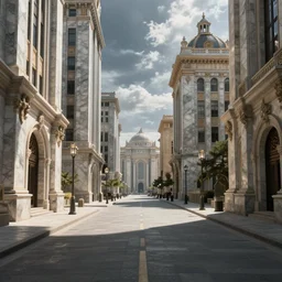 a view of the mostly empty street of the capital city of a fantasy kingdom with tall marble buildings and fantasy roman architecture, by Greg Rutkowski