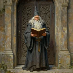 a beautiful painting of an old wizard holding a book and standing in front of an ancient elaborate door, by james gurney and greg rutkowski