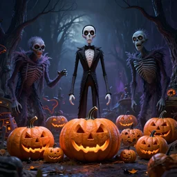 halloween scene with monsters and pumpkins from tim burton universe, artstation, scifi, by peter mohrbacher, unreal engine 5, hyper realism, realistic shading, cinematic composition, blender rendering, octane rendering, hdr, detailed textures, photorealistic, wide shot