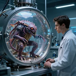 a starcraft's zerg inside his bioreactor, being observed by a thin scientist latino male in his biotech lab, from love death and robots ( 2 0 1 9 ). coherent portrait, intricate, elegant, highly detailed, digital photo, trending on artstation, hdr photo, smooth, sharp focus