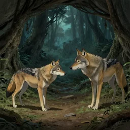 cave interior showing fw - a female wolf saying good bye to mw - a male wolf as he leaves the cave to go hunting in the evening in an african rainforest, hyper realism, fine details, studio lighting, subtle shadows, slight depth of field, rainforest, art by satoshi kon, tim okamura, karol bak, nikolay makovsky, canon eos r 3, f / 1