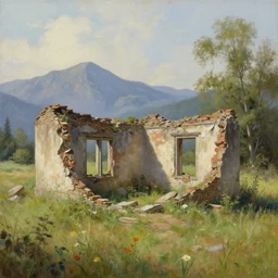 destroyed ruins of a small structure in a grassy field, mountains and trees, art inspired by thomas kinkade, detailed painting