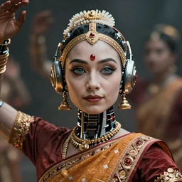 a stunning ultra detailed fantasy fine art portrait photo of a robot from ex machina movie dressed as an indian classical dancer, by artgerm, wlop and anna dittman, 2 4 mm lens, golden ratio composition, deep depth of field, perfect eyes and face, cyberpunk, soft lighting, artstation, 8 k