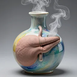 a ceramic alembic of voices, vapour, air flow, clay, no humans, alchemy, steam, larynx, oesophagus texture, 8 k, unreal, high resolution, vivid iridescent coulours
