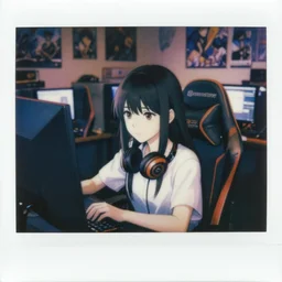 a film still polaroid portrait of a young gamersgirl at a gaming pc, finely detailed features, perfect art, busy room, gapmoe yandere grimdark, trending on pixiv fanbox, focussed painted by ilya kushinov makoto shinkai takashi takeuchi studio ghibli, akihiko yoshida, sachin teng, huang guangjian, artstation