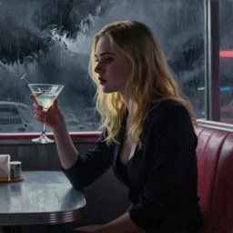silhouette of Elle Fanning holding a martini in a diner, stormy weather, extremely detailed masterpiece, oil on canvas, low-key neon lighting, artstation, Blade Runner 2049, Roger Deakin’s cinematography, by J. C. Leyendecker and Peter Paul Rubens,