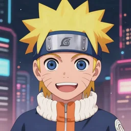 anime fine details portrait of joyful Naruto in front of cyberpunk moder city landscape on the background deep bokeh, close-up view, anime masterpiece by Studio Ghibli. 8k, sharp high quality anime, artstation