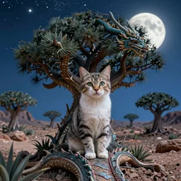 very very small cat, sitting on a gigantic dragon tree in moonlit socotra island by ilya kuvshinov, starry night, rtx rendering, octane render 1 2 8 k, maya, extreme high intricate details by tom bagshaw, medium shot, close up shot, composition by sana takeda, lighting by greg rutkowski