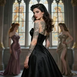 black dress tattooed! ana de armas! pinup stands in front of a cathedral window, deep focus, turnaround, fantasy, intricate, elegant, highly detailed, digital painting, artstation, concept art, matte, sharp focus, illustration, hearthstone, art by artgerm and greg rutkowski and alphonse mucha.