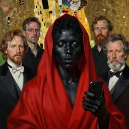 black hole face dressed in red robe takes a selfie | highly detailed oil painting, hyperrealistic, very intrincate | cinematic lighting, award - winning | by roberto ferri, gustav klimt, william waterhouse and tom bagshaw | by austin osman spare and william blake, trending on artstation, cgsociety, official art, octane.