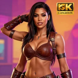 zoe soldana cosplaying amazon huntress, modeling, posing, leather armor, brown cloth bra, quality lighting, vibrant colors, maximalism, ultra facial detail, gta 5 skin tone, tooth wu artgerm greg rutkowski artstation deviantart, 8 k, fanart, extreme aesthetic