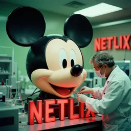 scientists in laboratory disassemble giant mickey mouse head, netflix logo sign, green lighting, red lighting, 3 5 mm film look
