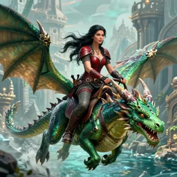 epic fantasy dungeons and dragons scene, female halfling rogue, riding on top of a green dragon, green dragon, waterdeep, black hair, rogue, fantasy, red leather corset, cinematic, beautiful lighting, heroic, digital art
