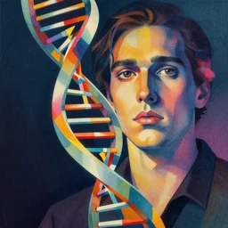 portrait of a dna helix, colorful, modern art deco, mads berg, karolis strautniekas, stippled light, fine texture, editorial illustration, dramatic lighting, dynamic composition, detailed, matte print, dynamic perspective