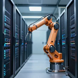 robotic arm hyperrealism art, datacenter web servers