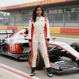 A young Indian woman F1 racing driver, posing with her Formula 1 car