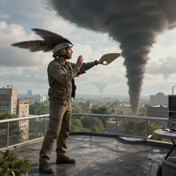 wingman speaking in a tornado on his blacony, realistic, octane render