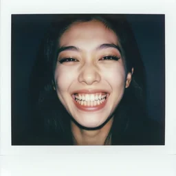 portrait of a smiling woman with too many teeth. hundreds of teeth. hq photo, surreal, harsh lighting. polaroid type 6 0 0. fear. unnerving. menacing. supernatural