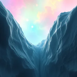 a beautiful digital artwork of a crevice in a smooth glacier fading into a colorful nebula in the background, high quality, stunning, volumetric shadows, haze, master level composition
