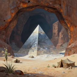 a chrome pyramid inside a rusted cave mouth in the salt dunes, plants, ancient world, matte oil painting, merchant tents, canyons, science fantasy, rpg, epic, extremely detailed, sharp focus, 4 k
