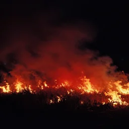 burning field, dark, night, red light in the sky, smoke, 1998 photo