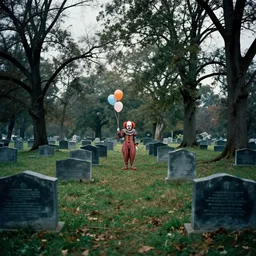 creepy clown in the distance holding balloons in cemetary, photo by william eggelston