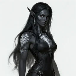 portrait of a feminine male dark elf, dark obsidian skin, white tatoo, long hair, fantasy, elegant, intricate, highly detailed, digital painting, artstation, concept art, sharp focus, illustration