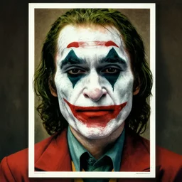 poster of a face of picasso as joker, in the style of jan van eyck