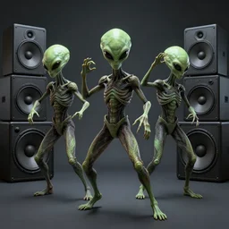 aliens brainsuckers warriors dance to dubstep music with giant speakers, perfect faces, fine details, studio lighting,, subtle shadows, art by katsuya terada, photorealism, hyper realism, octane render, hyper detailed, medium shot, 8 k, raw, unedited, in - frame,