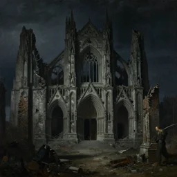 nocturnal dark cinematic image of a mega ruin site of a decaying cathedral, oil on canvas by claude nicolas leydoux and alan lee