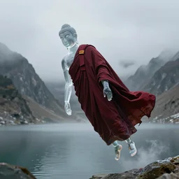 figure of buddhist monk from transparent body and high reflective glass in traditional dark red cloth, fly over himalaya mountains lake in weightlessness, small fog and gloomy atmosphere, highly detailed science fiction illustration. photorealistic, hyper detailed illustration, 8 k, movie still