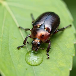 a robot beetle drinking from a water drop on z leave, macro