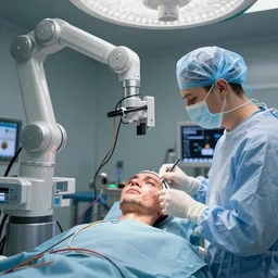a face transplant in an operating room with robotic surgeons with a lot of wires , photorealistic,by Wlop,4k resolution
