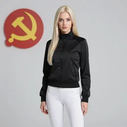 platinum - blonde - haired long bob cut blue - eyed princess wearing white leggings and black jacket, standing next to communist monument, communist city, dictatorship of the proletariat, anime, hd anime wallpaper, hyperrealistic lighting, octane render, volumetric lighting, drawn by artgerm