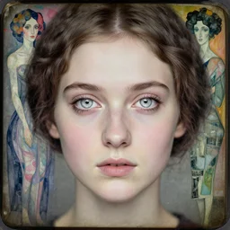 a beautiful young lady with huge bright silver eyes, colored vintage daguerreotype by pontormo, by bosch, by Mackintosh, by max ernst, by schiele, contemporary art noveau, highly detailed, strong lights, liminal, eerie, Bright pastel colors