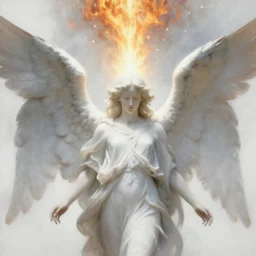 realistic detailed painting 3 / 4 portrait of white angel with clean narrow face like noface and super giant wings from the light, by denis villeneuve, noface!!!!, miracle light coming up from the head up and up!!, a lot of fire - stars overhead!!!, misty space, grace and blessing, sfumato effect, renaissance, christianity, marble stone, glow effect, large soft strokes, soft shadow and light, soft effect, white background, noise effect, blur