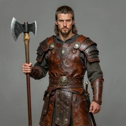 Portrait of a male warrior, leather armor, axe, matte painting